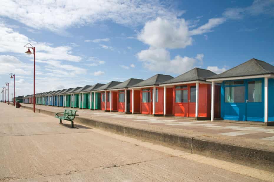 Colourful huts on the seafront at Mablethorpe on the Lincolnshire coast, UK.