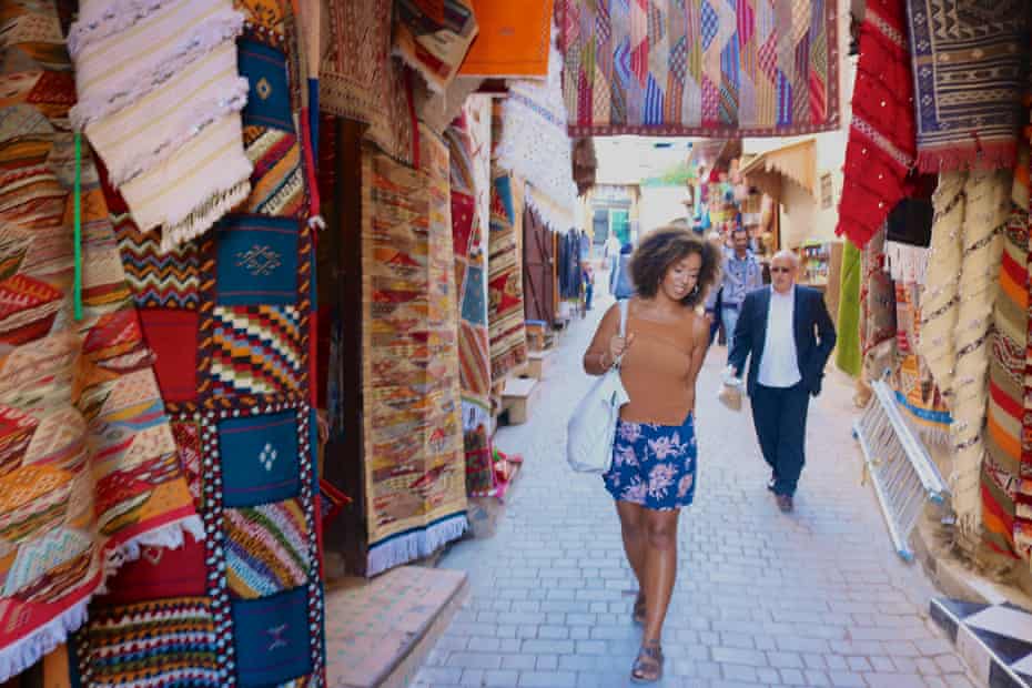Georgina Lawton at a rug market in Fez, Morocco.