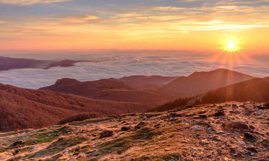 Sunrise at the peak of Les Agudes, in the natural park of Montseny, Catalonia, Spain