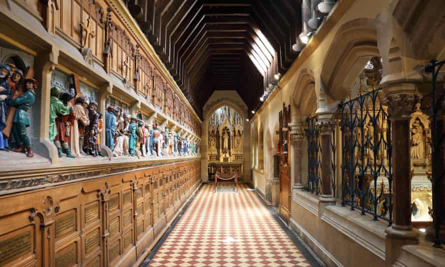 The rood screen with the stations of the cross at Pugin’s Church.