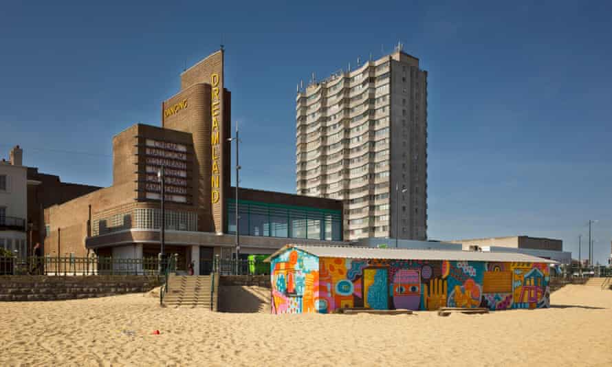 Margate beach opposite Dreamland on a sunny day in Kent, England.