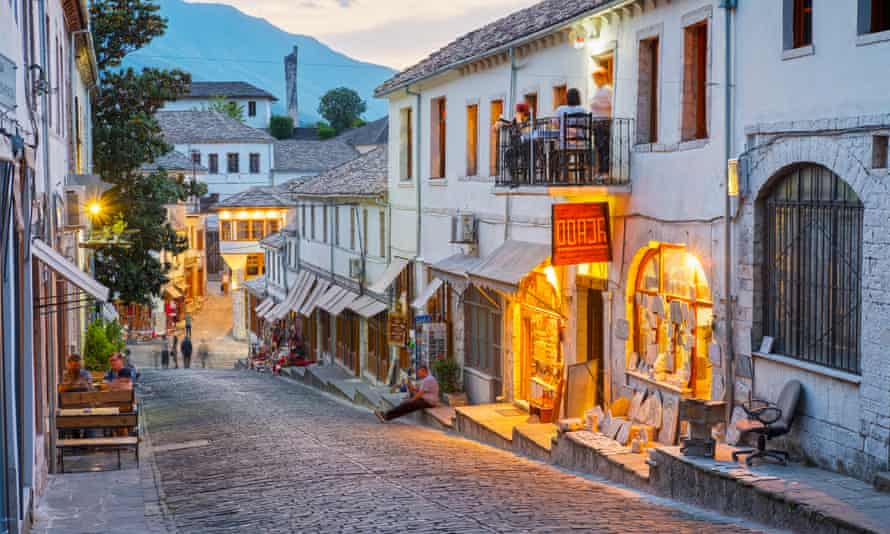 A cobbled street in the old bazaar district of Gjirokastër.