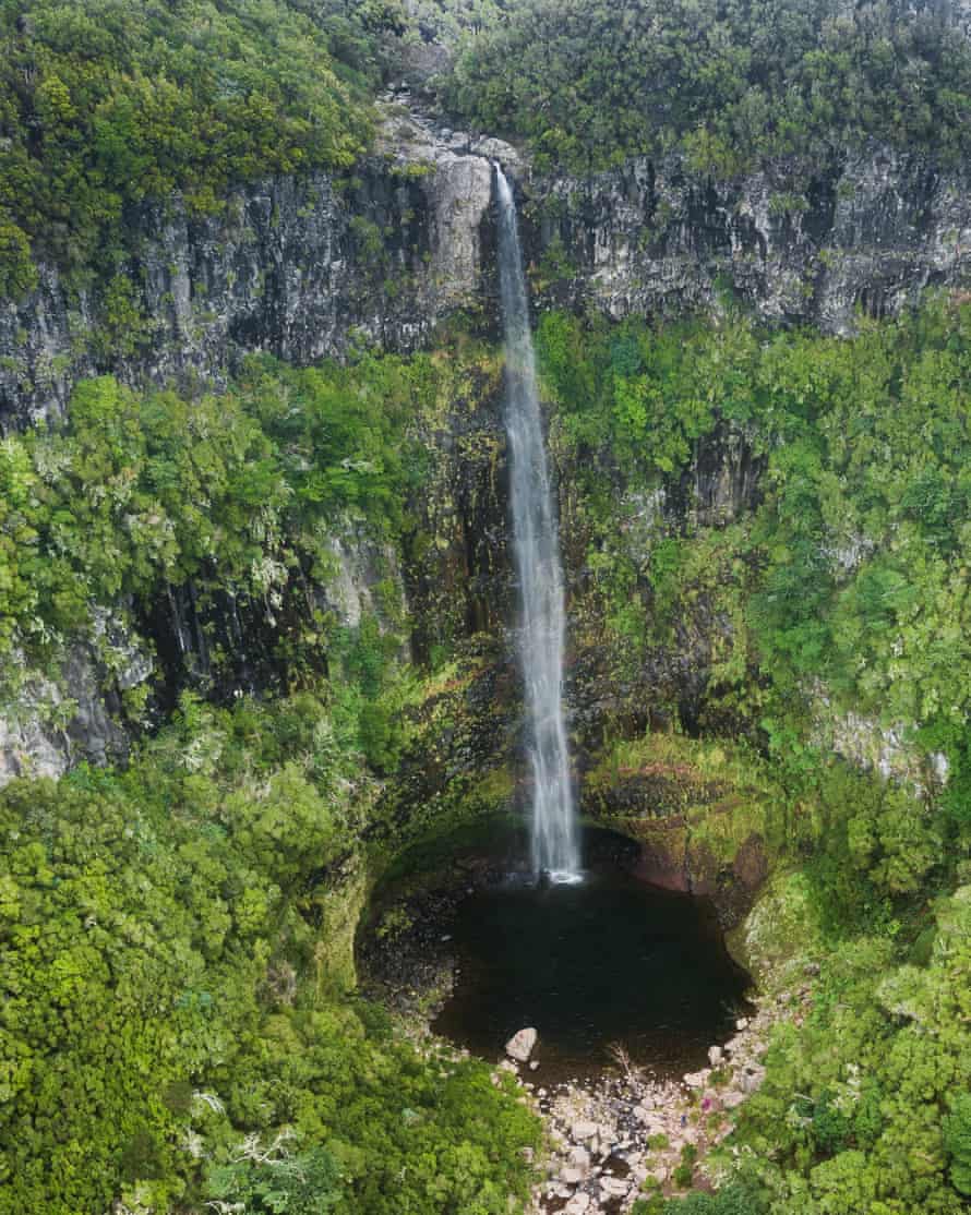 Aerial drone view of “Risco” waterfall in “Paul da Serra”, Madeira island, Portugal