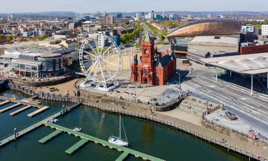 Aerial view of the landmarks of Cardiff Bay