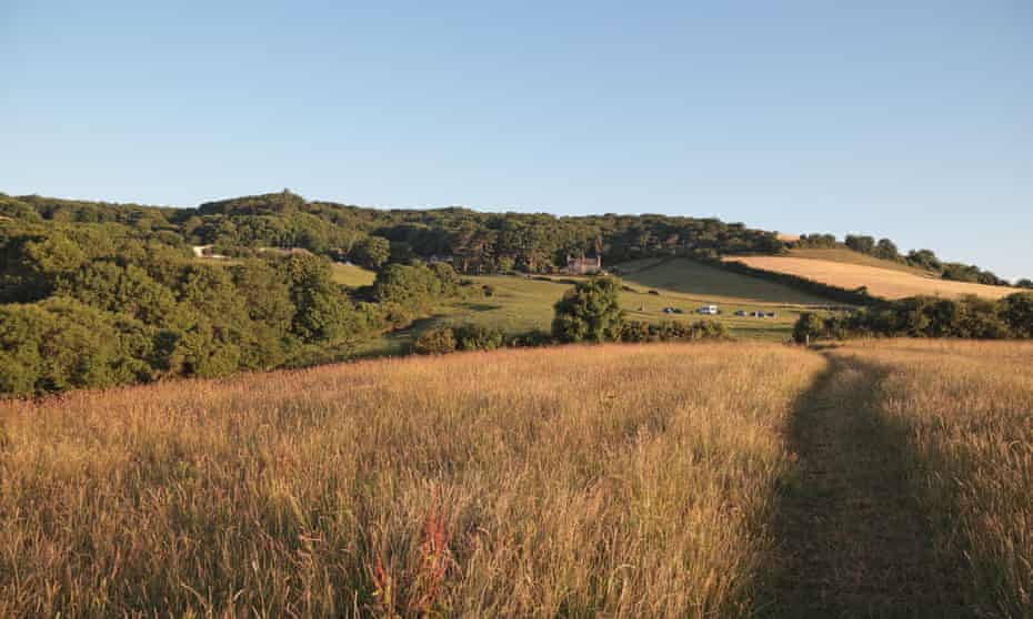 Early morning view across fields near Downhouse Farm, Dorset, UK.