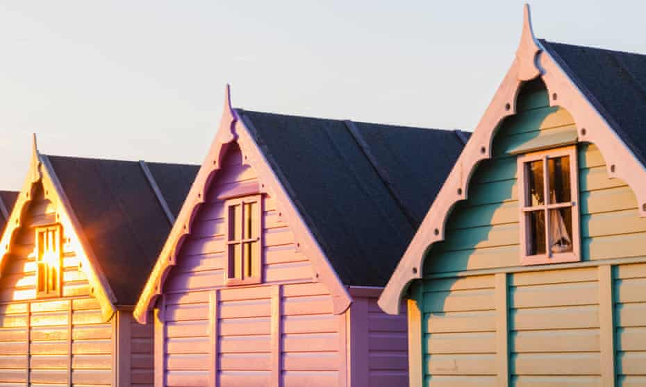 Beach huts on Mersea Island, Essex, UK.