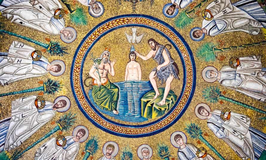 Mosaic of the baptism of Jesus, in the Arian Baptistry of Ravenna.