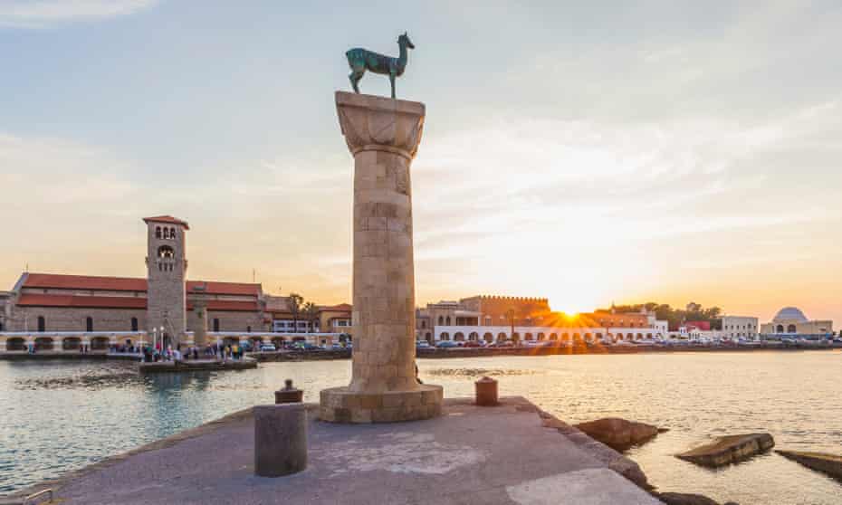 The entrance to Mandraki harbour, Rhodes.