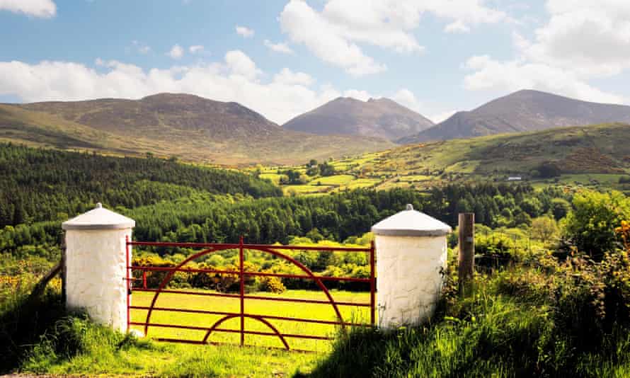 The Mourne Mountains, County Down, Northern Ireland. South over the Trassey Valley and Tollymore Forest Park to Slieve Bearnagh