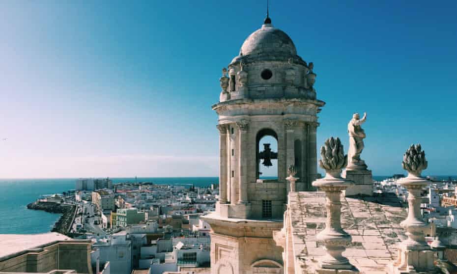 Aerial view of Cadiz and the tower of the Cathedral of Cadiz in Cadiz Andalusia, Spain in summer.