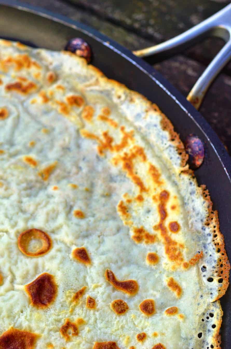 Close-up of the surface of a French crepe just cooked in a flat pan