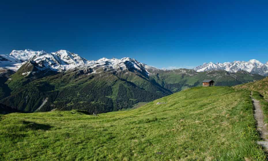 View of the Grand Combin and Mont Blanc massifs.