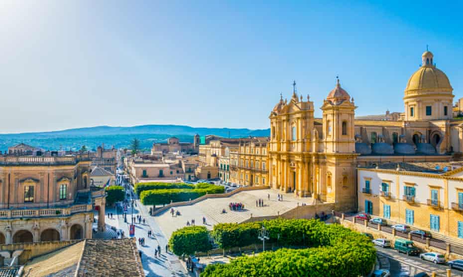 Aerial view of Noto including Basilica Minore di San Nicolò and Palazzo Ducezio, Sicily, Italy