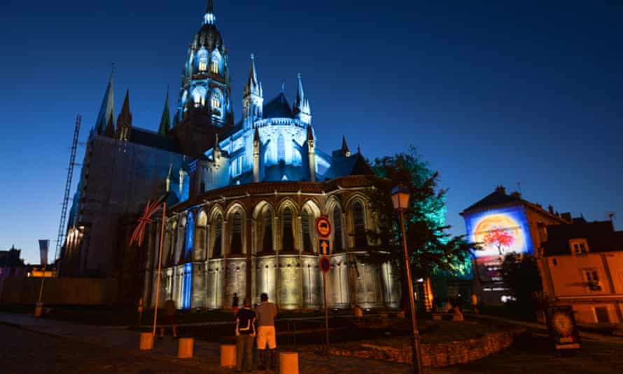 The Cathedral of Bayeux illuminated for a light show.