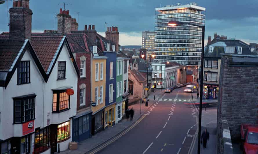 Colston Street at dusk.