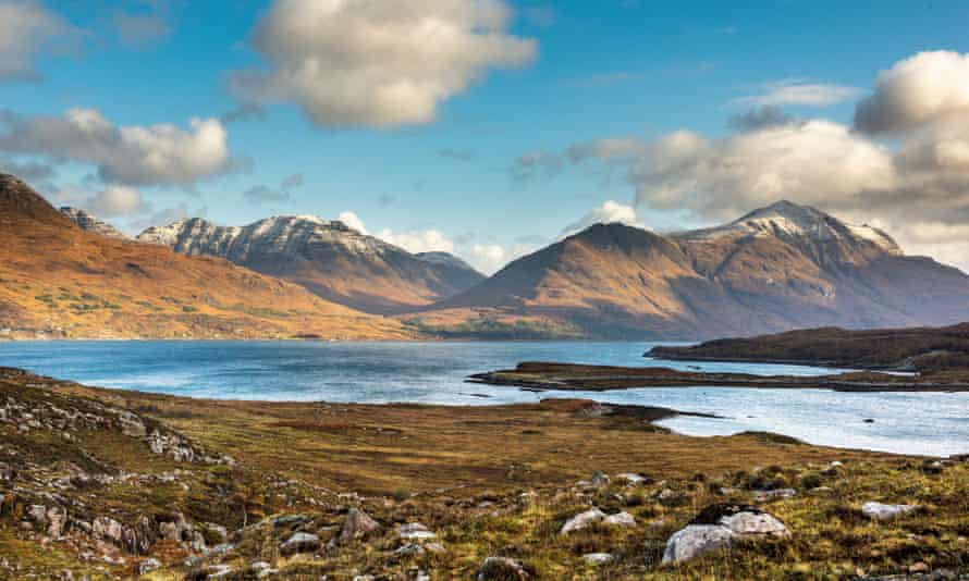 Beinn Alligin, Beinn Dearg and Liathach over Upper Loch Torridon. Torridon.