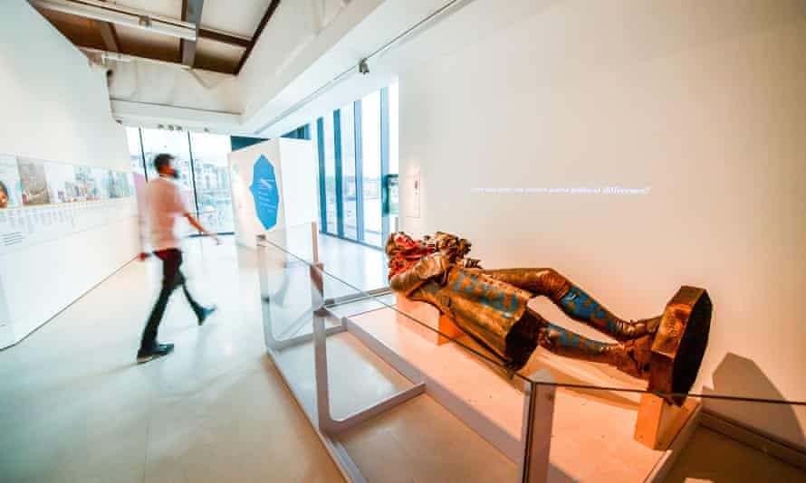 The statue of Bristol slave trader Edward Colston on display at M Shed, Bristol, after being retrieved from the water. It was toppled during a Black Lives Matter protest on 7 June 2020 and thrown into Bristol Harbour.