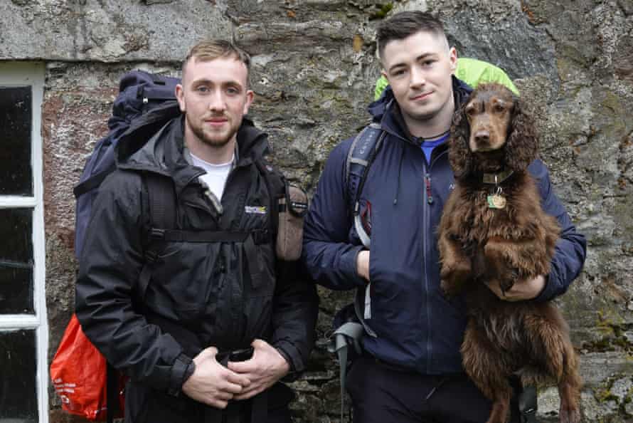 Experienced Munro bagger Dillon William Simpson, Harris Wedderburn-Scott, merchant navy officer, from the Borders with Bentley the spaniel at Lairig Leacach Bothy