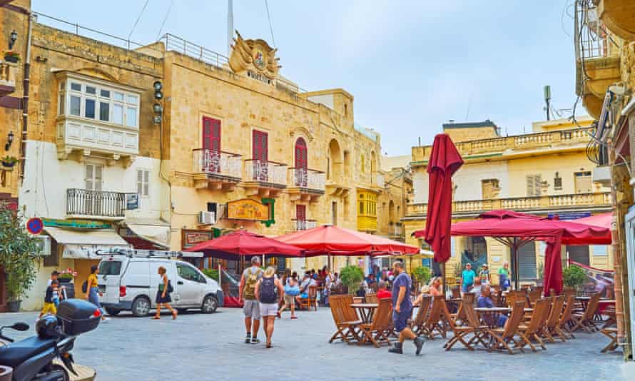 Outdoor cafes in St George Square in Victoria, the capital of Gozo