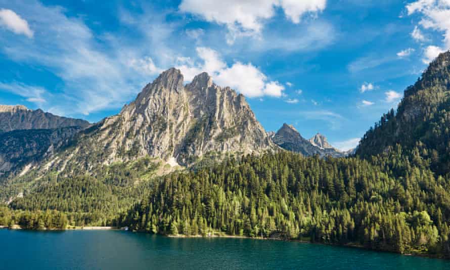 Aigues tortes national park forest landscape. Sant Maurici lake. Spain